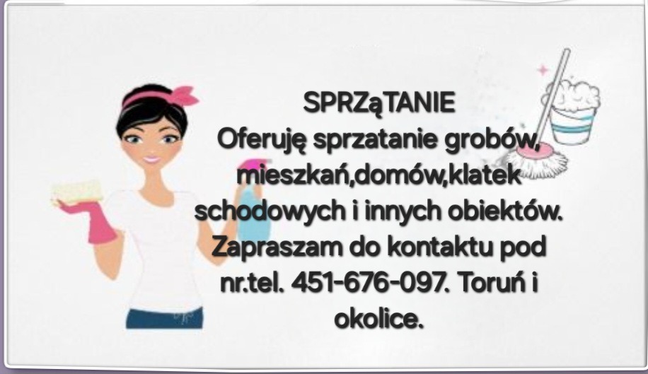 Ilustracja reklamowa usług sprzątania: kobieta z gąbką i mop, informacja o sprzątaniu mieszkań, domów, klatek schodowych w Toruniu i okolicach, numer telefonu kontaktowego.