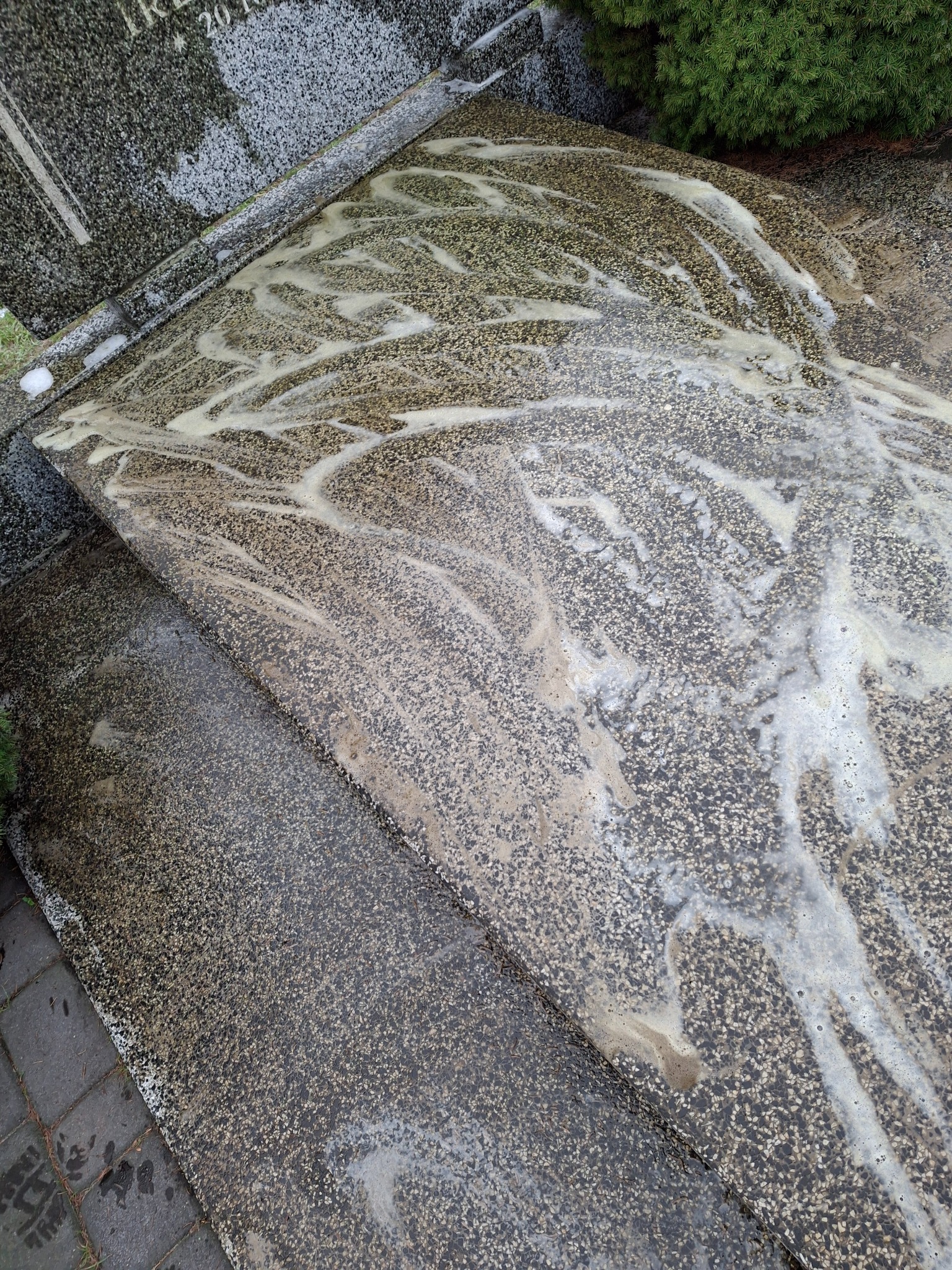 Granitowy nagrobek pokryty pianą czyszczącą, widoczne ślady spływającego detergentu, obok kostka brukowa i fragment krzewu.