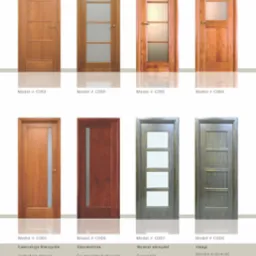 Katalogowe ujęcie ośmiu modeli drzwi wewnętrznych, pełnych i z przeszkleniami, wykonanych z drewna dębowego i sosnowego, oferowanych w Warszawie.
