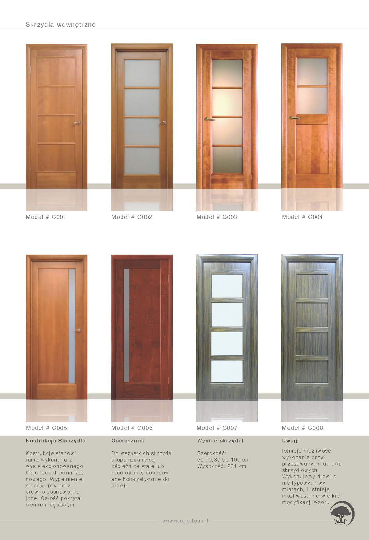 Katalogowe ujęcie ośmiu modeli drzwi wewnętrznych, pełnych i z przeszkleniami, wykonanych z drewna dębowego i sosnowego, oferowanych w Warszawie.