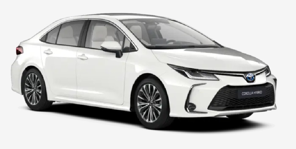 Biała Toyota Corolla Hybrid, widok z boku na jasnym tle, prezentacja modelu.