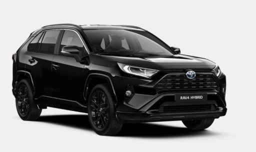 Czarny SUV Toyota RAV4 Hybrid na białym tle, widok z przodu i boku, z detalami na grillu i logo.