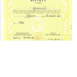 Welldonebathrooms.com - Skan dyplomu mistrzowskiego dla glazurnika, wydanego w Katowicach w 2005 roku, z widocznym zdjęciem i danymi osobowymi Jarosława Pietrasa.