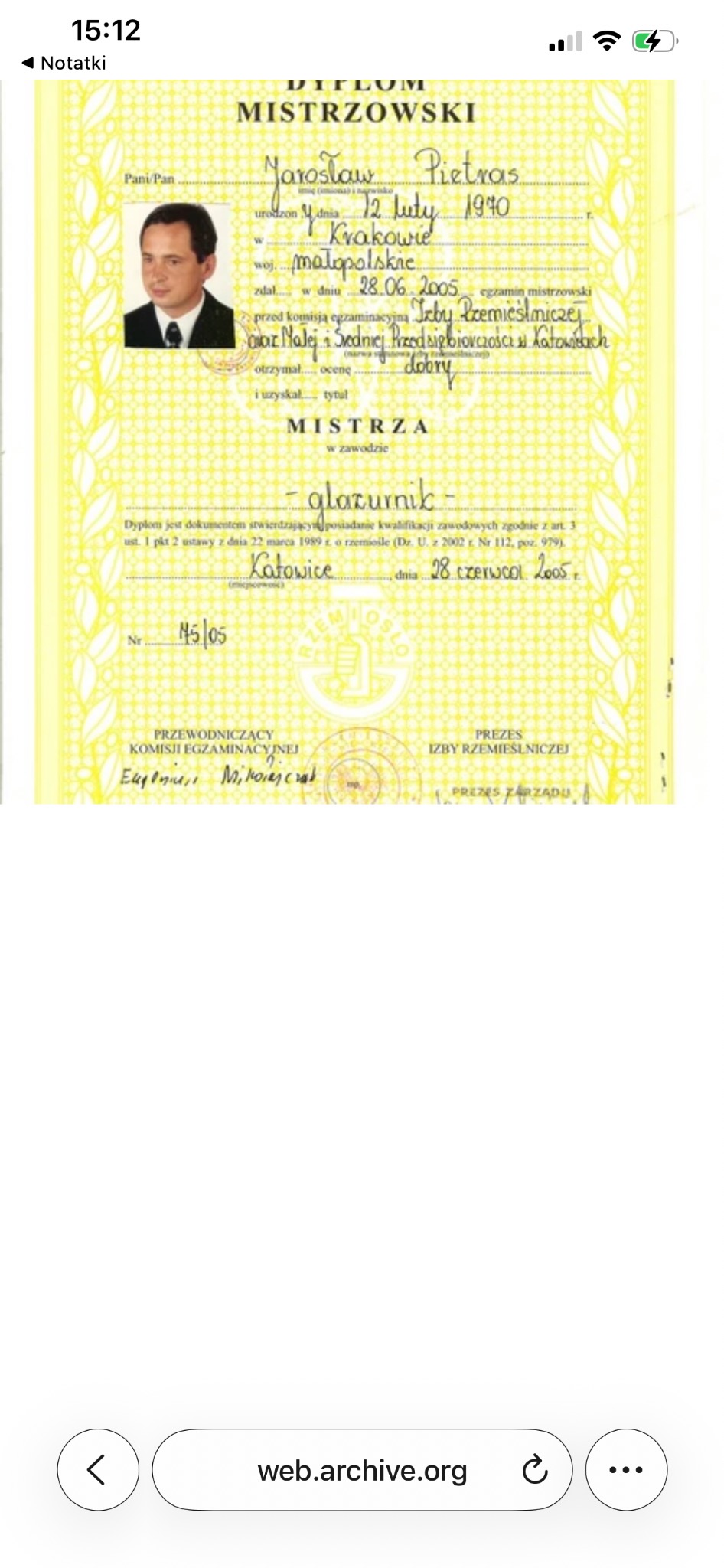 Skan dyplomu mistrzowskiego dla glazurnika, wydanego w Katowicach w 2005 roku, z widocznym zdjęciem i danymi osobowymi Jarosława Pietrasa.