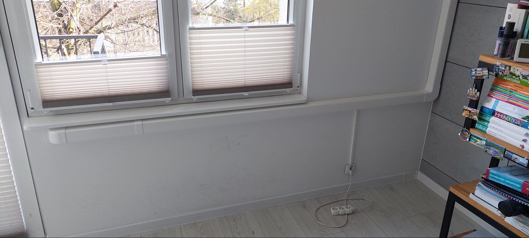 Białe rolety plisowane w oknie, zasłaniające widok drzew bez liści, z maskownicą instalacji pod parapetem i przedłużaczem leżącym na podłodze.