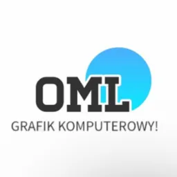 Logo firmy OML Grafik Komputerowy z czarnym napisem i błękitnym okręgiem w tle, na białym tle.