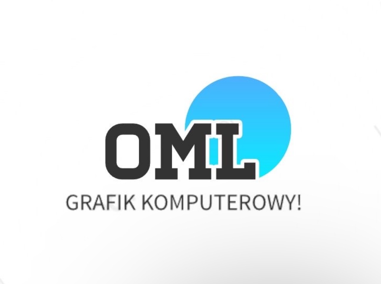 Logo firmy OML Grafik Komputerowy z czarnym napisem i błękitnym okręgiem w tle, na białym tle.