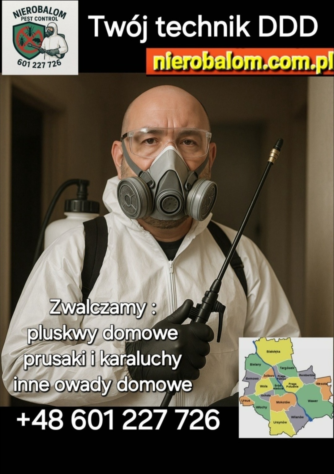 Technik DDD w masce i kombinezonie, z opryskiwaczem. Oferta zwalczania pluskiew, prusaków i karaluchów. Mapa Warszawy z podziałem na dzielnice.