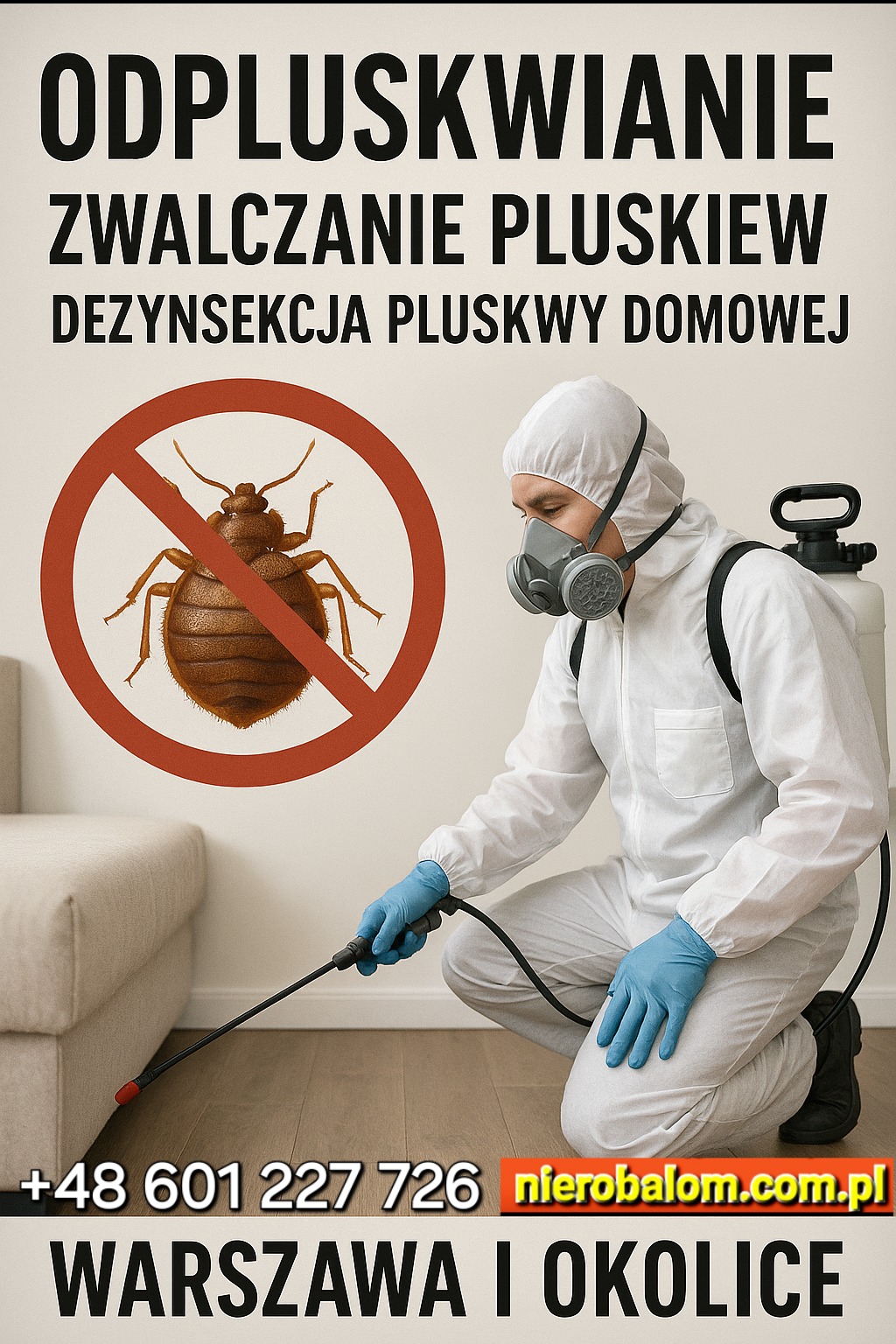 Pracownik w kombinezonie ochronnym opryskuje pomieszczenie. Na ścianie grafika przekreślonej pluskwy. Tekst: Odpluskwianie, zwalczanie pluskiew Warszawa i okolice.