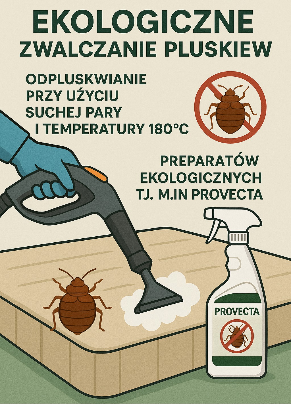 Ilustracja: Odpluskwianie parą wodną i ekologicznymi preparatami (Provecta) na materacu. Grafika informacyjna o zwalczaniu pluskiew.