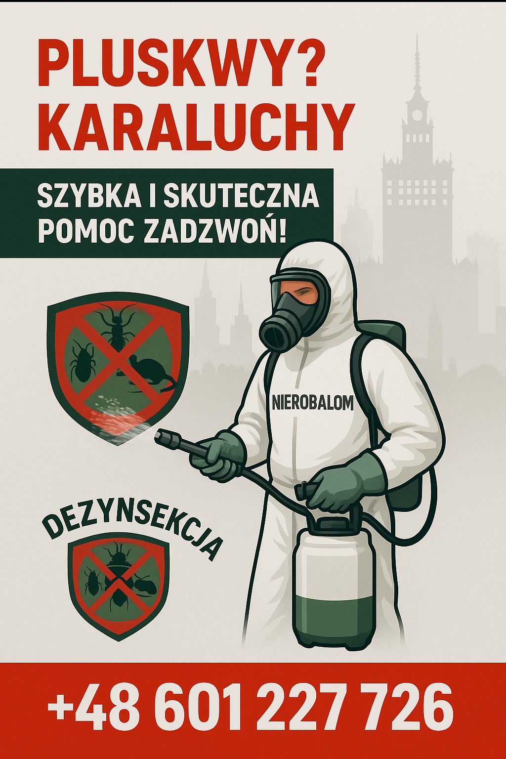 Grafika: Osoba w kombinezonie ochronnym z opryskiwaczem, logo firmy, hasła 'Pluskwy? Karaluchy', 'Szybka i skuteczna pomoc zadzwoń!' i numer telefonu.