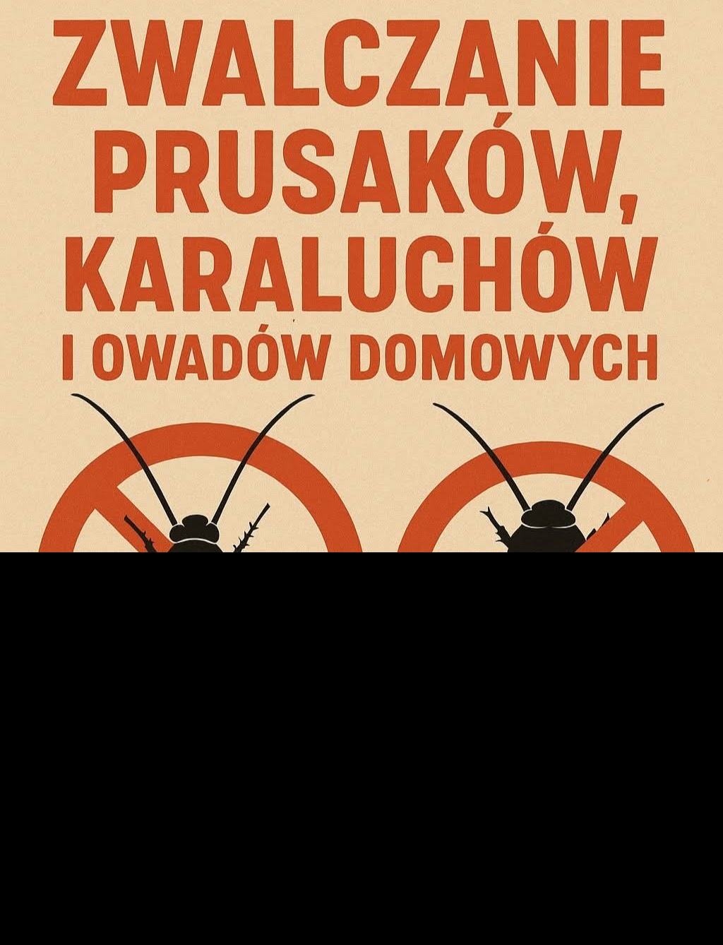 Grafika: Zwalczanie prusaków, karaluchów i owadów domowych. Dwa przekreślone karaluchy na beżowym tle. Ilustracja informacyjna.