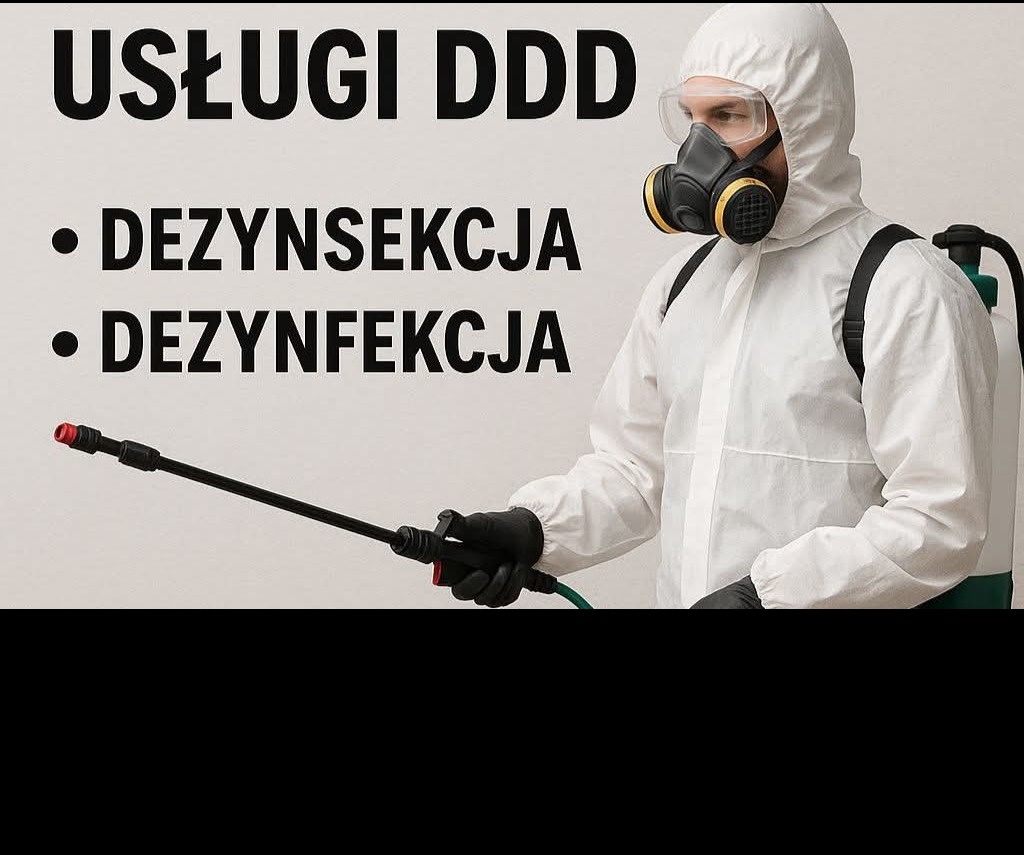Pracownik w kombinezonie ochronnym i masce, z opryskiwaczem, gotowy do dezynsekcji i dezynfekcji. Widoczny napis 'Usługi DDD'.
