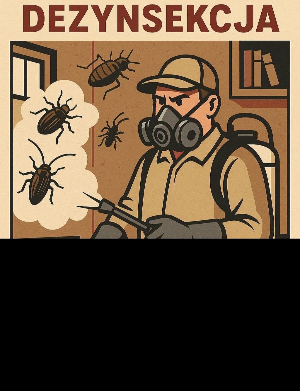 Ilustracja: pracownik w masce gazowej wykonuje dezynsekcję, z widocznymi insektami i napisem 'Dezynsekcja' na górze. Styl retro.
