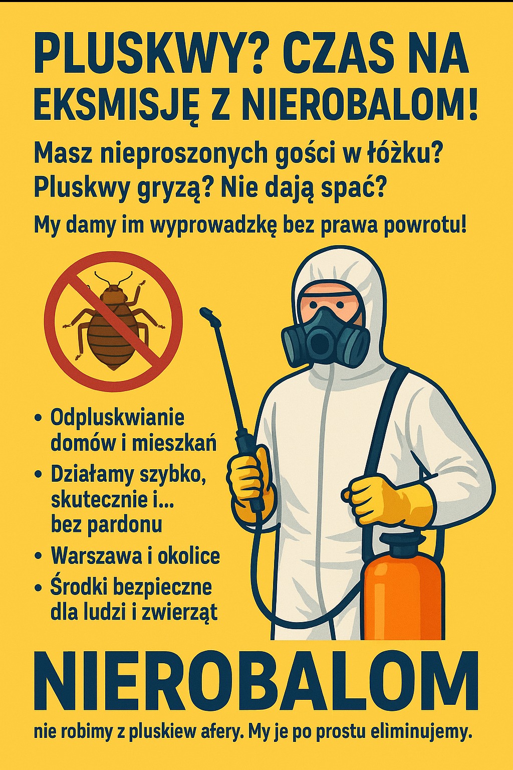 Grafika reklamowa firmy oferującej odpluskwianie. Osoba w kombinezonie ochronnym z opryskiwaczem, przekreślony pluskwy, hasła o skuteczności i bezpieczeństwie.