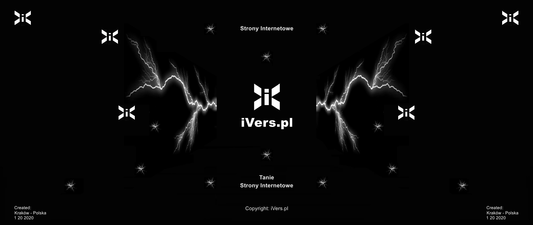 Grafika z logo iVers.pl na czarnym tle, z elementami graficznymi przypominającymi błyskawice i hasłami 'Strony Internetowe' oraz 'Tanie Strony Internetowe'.