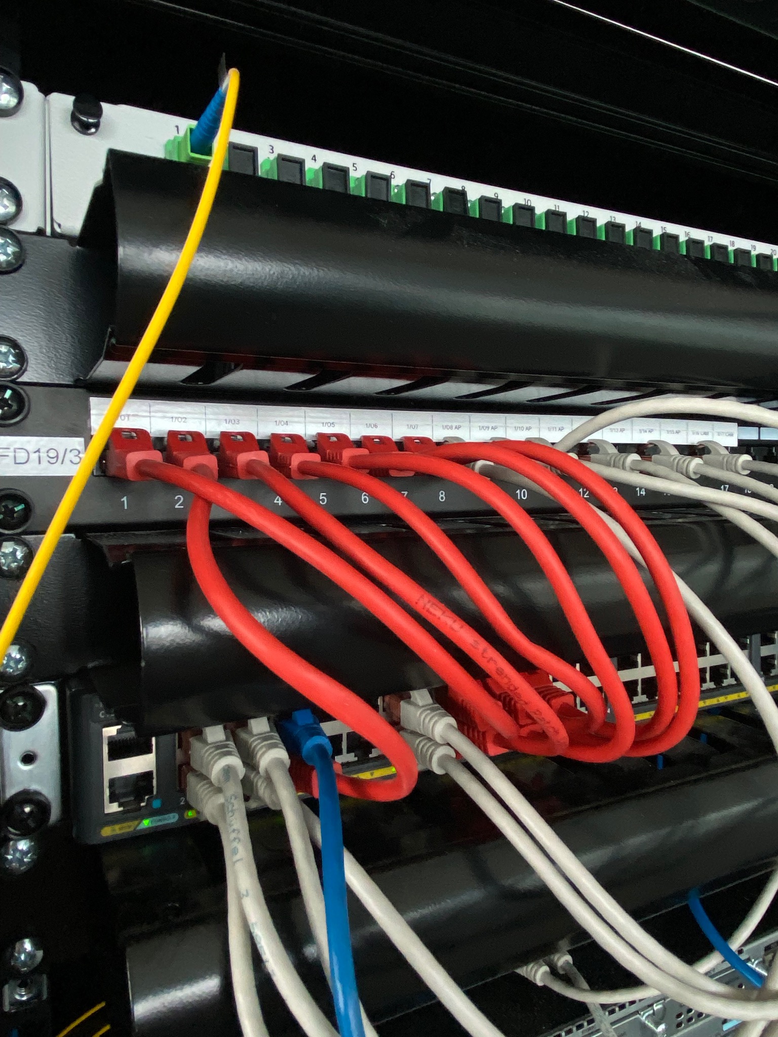 Panel krosowniczy z podłączonymi kablami Ethernet w kolorach czerwonym, białym, niebieskim i żółtym. Widoczne porty i numery. Koncentracja na połączeniach.