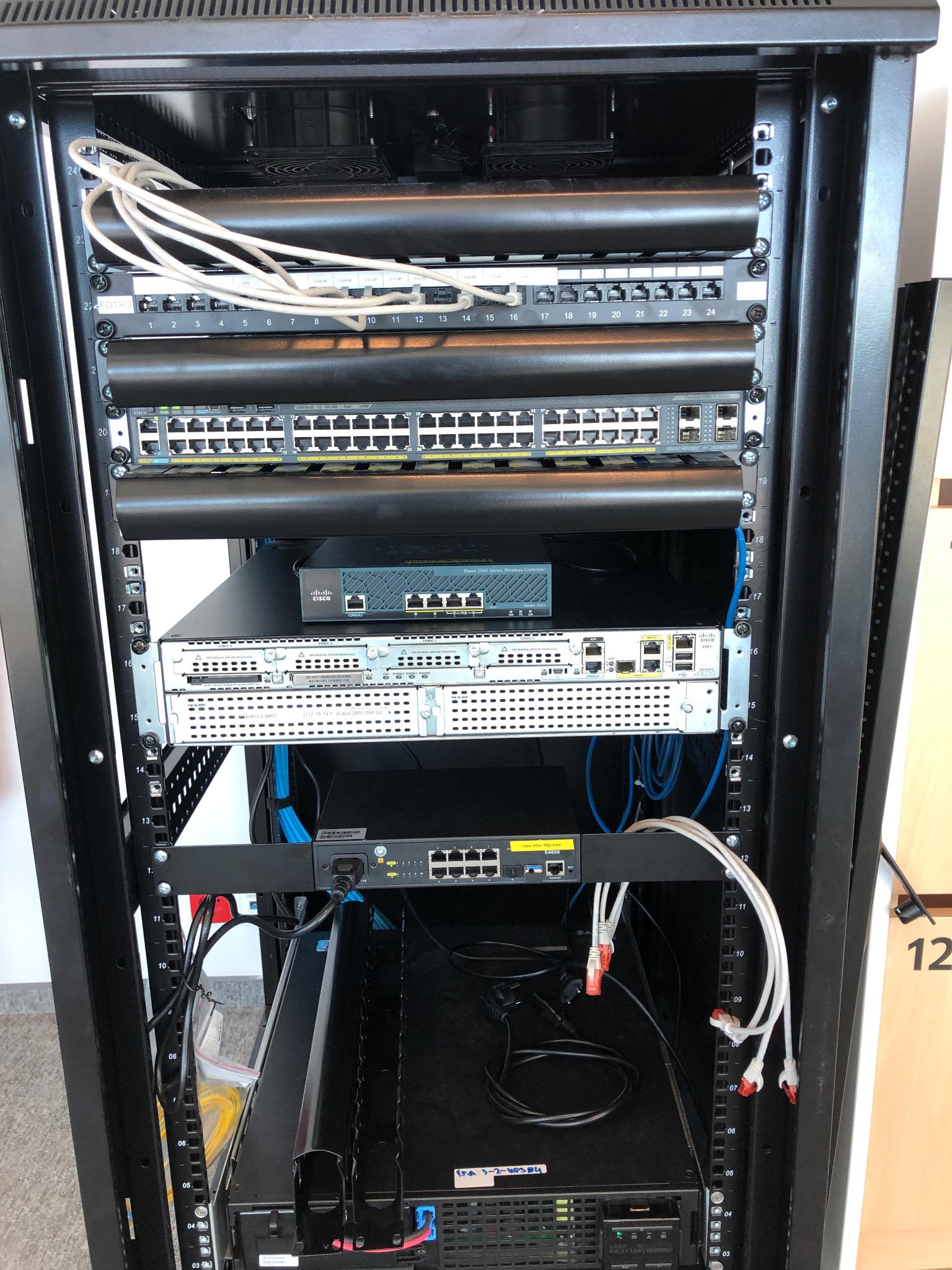 Montaż sprzętu sieciowego w szafie rack (switch, router, WLC, UPS)