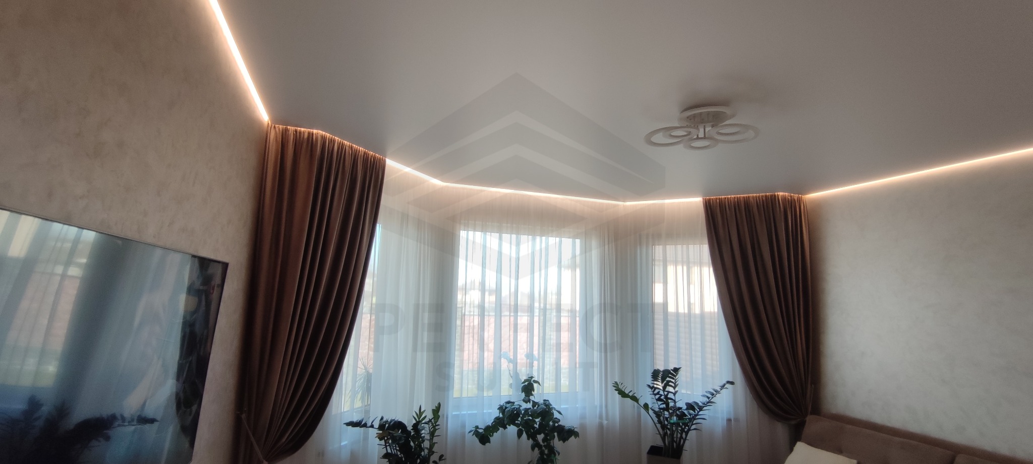 Nowoczesny salon z białym sufitem napinanym, oświetleniem LED wzdłuż krawędzi, brązowymi zasłonami i roślinami doniczkowymi przy oknie.