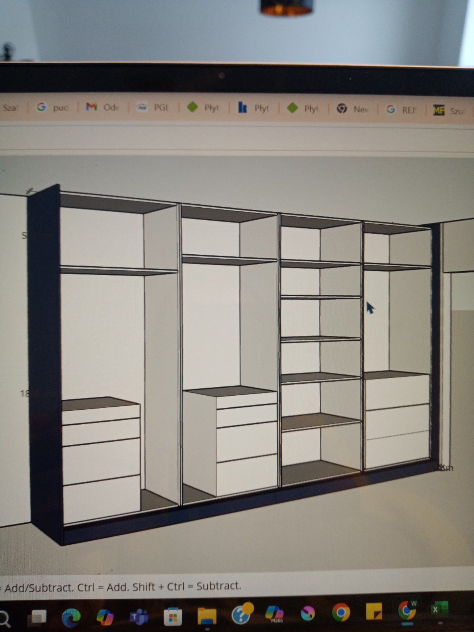 Wizualizacja 3D projektu szafy wnękowej z szufladami i półkami, widoczna na ekranie laptopa z paskiem zakładek przeglądarki u góry i ikonami na pasku zadań u dołu.