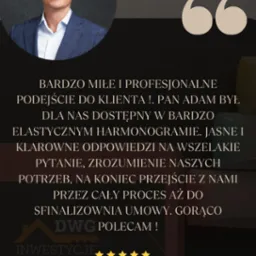 Referencja od klienta z uśmiechniętym mężczyzną w marynarce, tekst opinii, logo firmy DWG Inwestycje i pięć gwiazdek.