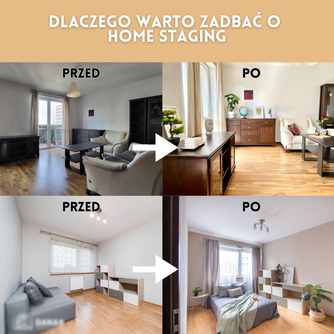 Porównanie aranżacji wnętrz przed i po home stagingu: salon z ciemnymi meblami i balkonem w wersji 'przed' oraz z jasnymi elementami dekoracyjnymi i roślinami w wersji 'po', sypialnia z szarą sofą...