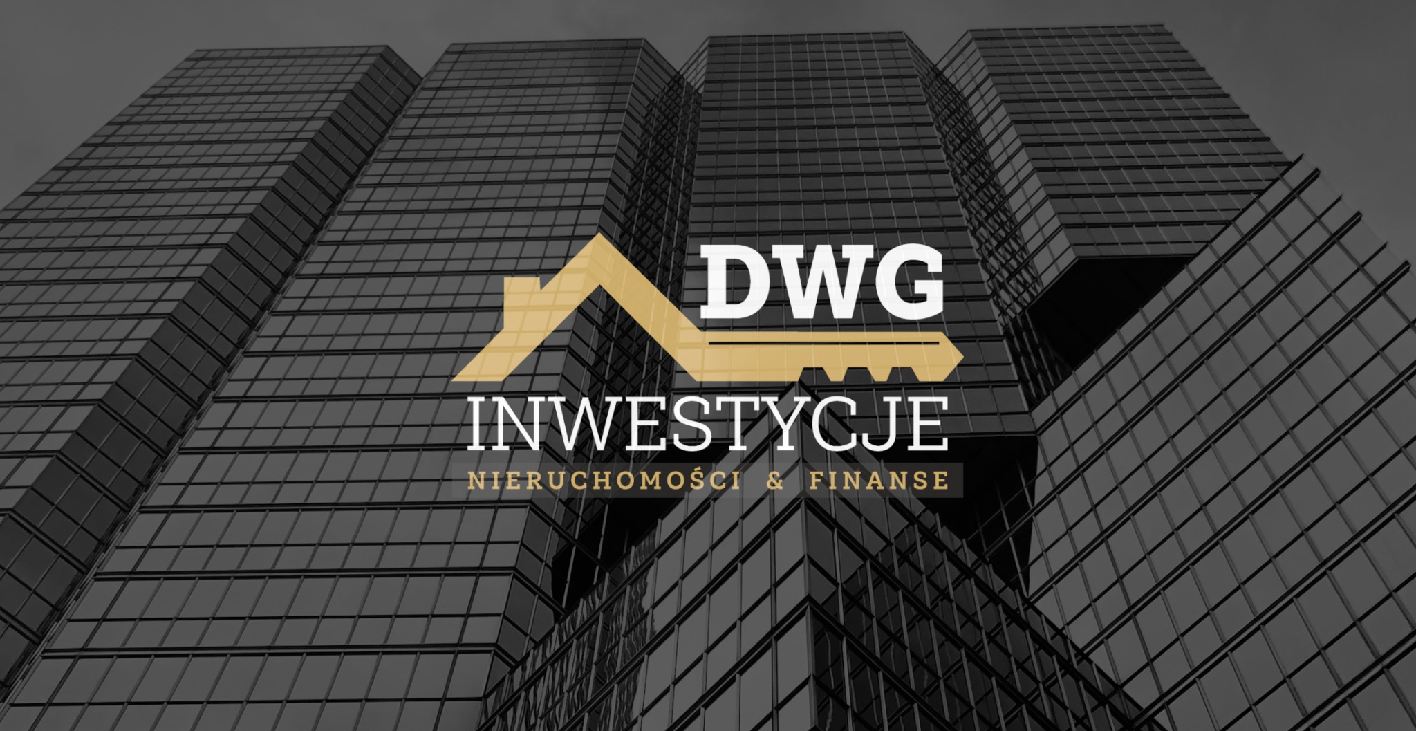 Logo firmy DWG Inwestycje Nieruchomości i Finanse, na tle szklanego biurowca.