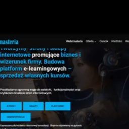 Strona internetowa firmy Webmasteria z ofertą tworzenia stron i sklepów internetowych oraz platform e-learningowych, z ilustracją kobiety w futurystycznych słuchawkach.