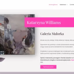 Strona internetowa galerii sztuki Malorka z portretem uśmiechniętej właścicielki, fragmentem obrazu i ikoną pędzla w dolnej części.