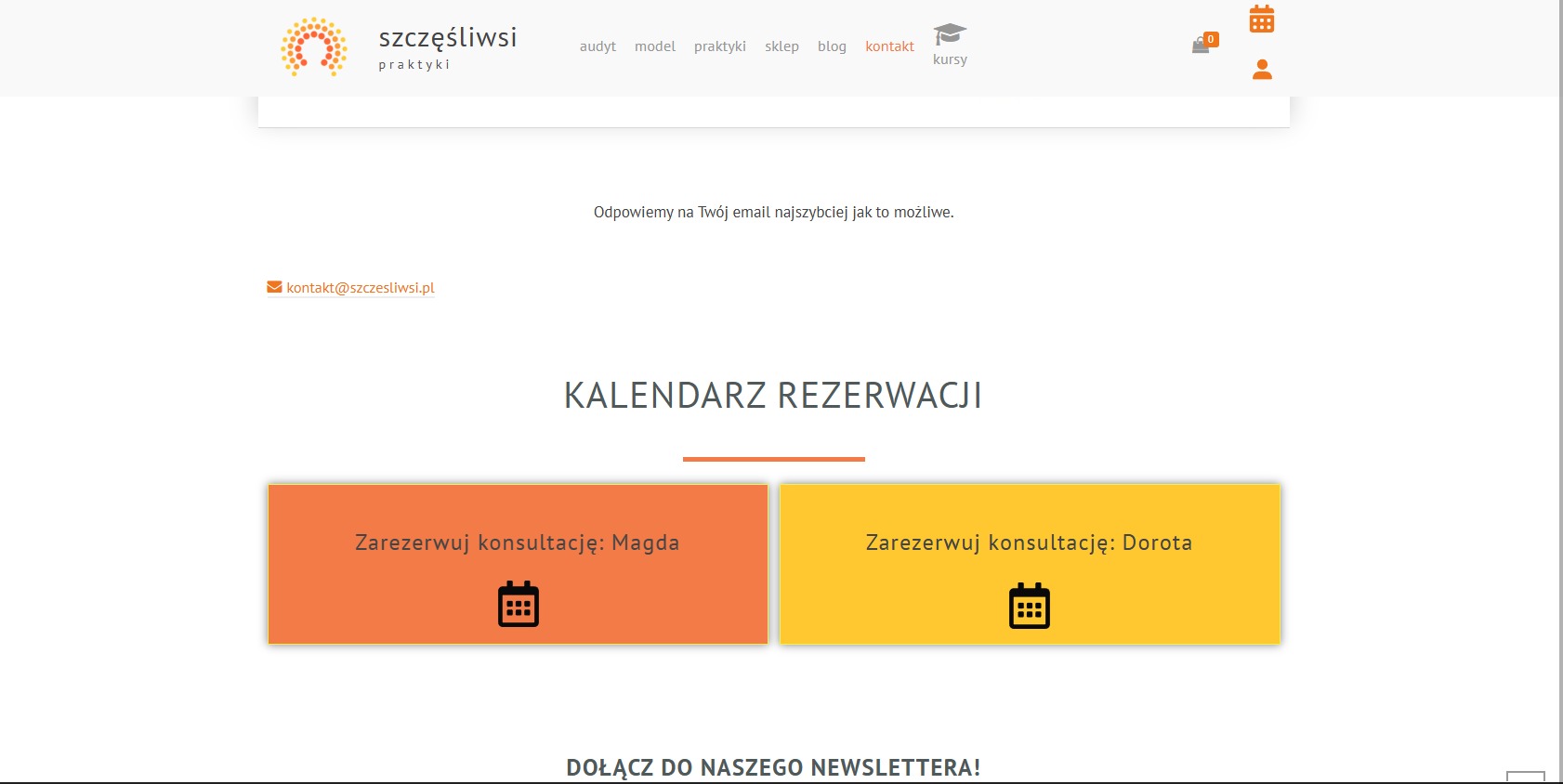 Strona internetowa z kalendarzem rezerwacji konsultacji z Magdą i Dorotą, pomarańczowy i żółty przycisk rezerwacji z ikoną kalendarza.