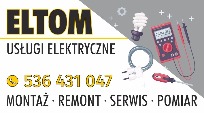 Grafika z nazwą firmy ELTOM, numerem telefonu i zakresem usług elektrycznych: montaż, remont, serwis, pomiar. Obok ikony narzędzi elektrycznych: miernik, żarówka, wkrętak.