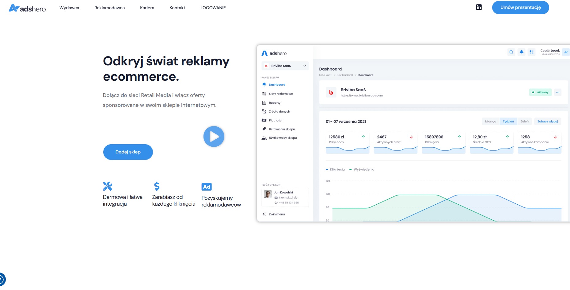 Panel administracyjny platformy e-commerce Adshero z widocznym dashboardem prezentującym dane sprzedażowe, statystyki kliknięć i aktywnych kampanii, z zaznaczonym okresem od 1 do 7 września 2021 roku.