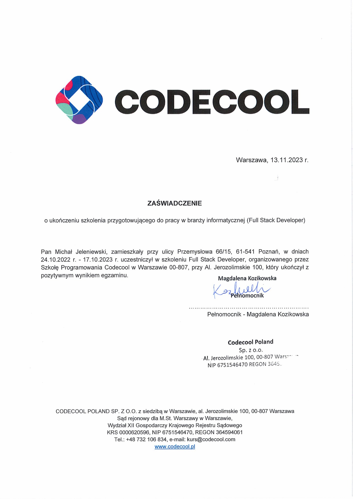 Skan zaświadczenia ukończenia szkolenia Full Stack Developer z logo Codecool, datowanego na 13.11.2023, z podpisem Magdaleny Kozikowskiej.