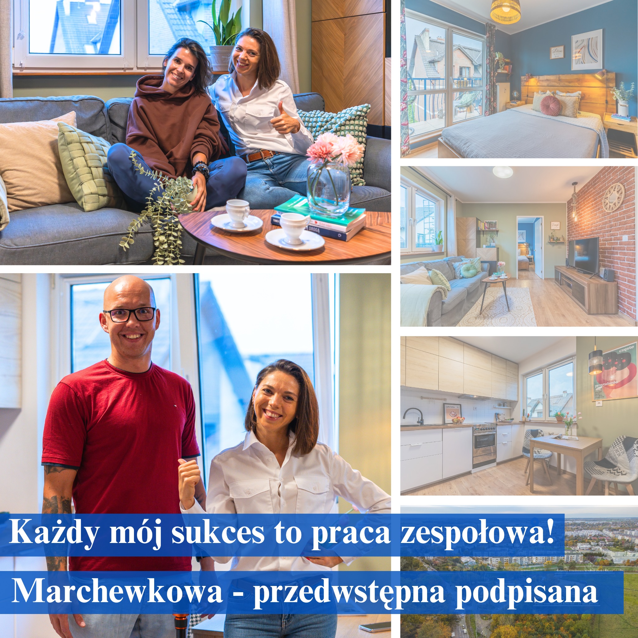 Mozaika zdjęć przedstawiająca wnętrza mieszkań: salon z dwiema uśmiechniętymi kobietami na kanapie, sypialnia w odcieniach niebieskiego, pokój dzienny z ceglaną ścianą, kuchnia z jadalnią,...