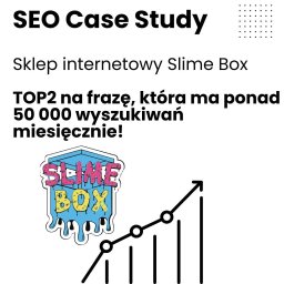 Studio Projektowe Praca u Podstaw Bartłomiej Lewicki - Grafika przedstawia case study SEO dla sklepu internetowego Slime Box, z informacją o pozycji TOP2 na frazę z ponad 50 000 wyszukiwań miesięcznie oraz stylizowaną ilustracją pudełka z napisem...