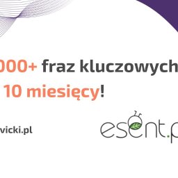 Studio Projektowe Praca u Podstaw Bartłomiej Lewicki - Grafika reklamowa z hasłem '5000+ fraz kluczowych w 10 miesięcy!' oraz adresami stron levicki.pl i esent.pl, z logo esent.pl w formie stylizowanego robaczka z listkiem.