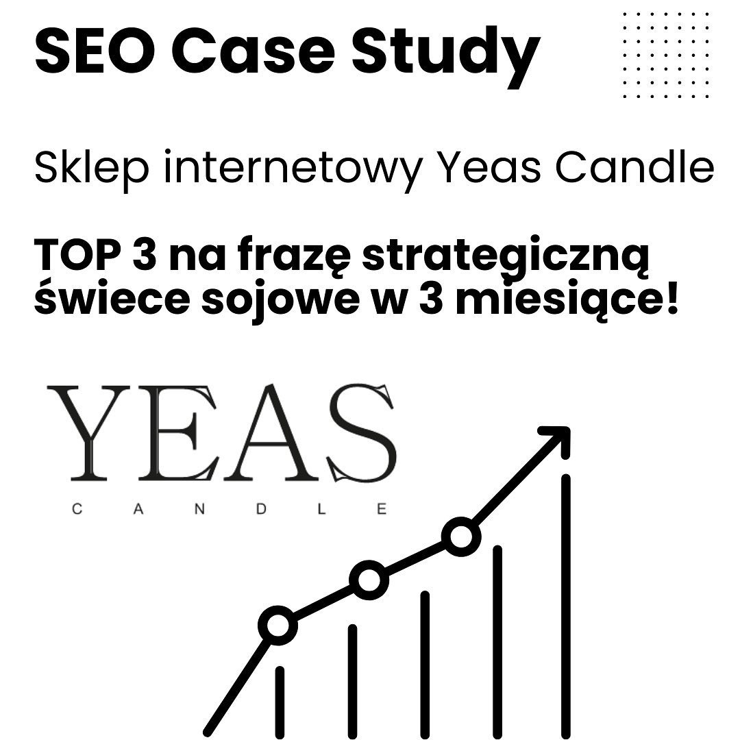 Grafika przedstawiająca studium przypadku SEO dla sklepu internetowego Yeas Candle, z osiągnięciem TOP 3 na frazę strategiczną 'świece sojowe' w 3 miesiące, ilustrowane rosnącym wykresem liniowym.