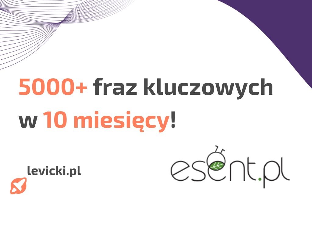 Grafika reklamowa z hasłem '5000+ fraz kluczowych w 10 miesięcy!' oraz adresami stron levicki.pl i esent.pl, z logo esent.pl w formie stylizowanego robaczka z listkiem.