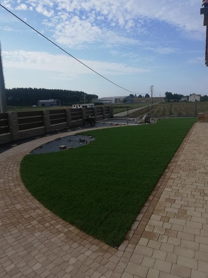 Świeżo ułożony trawnik z rolki przylegający do ścieżki z kostki brukowej w odcieniach beżu, widoczny fragment ogrodzenia panelowego i odległe zabudowania w tle.