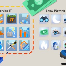 ARTREL SPÓŁKA Z OGRANICZONĄ ODPOWIEDZIALNOŚCIĄ - Ilustracja porównująca ikonografię usług IT i symulatora odśnieżania, z elementami graficznymi narzędzi i procesów.