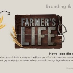 ARTREL SPÓŁKA Z OGRANICZONĄ ODPOWIEDZIALNOŚCIĄ - Prezentacja projektu nowego logo 'Farmer's Life' na drewnianym tle z elementami wiejskiego krajobrazu, nawiązującego do poprzedniej wersji, z dodatkiem metalowego strzemienia i kłosów zboża.