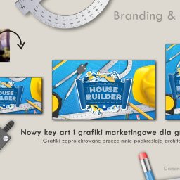 ARTREL SPÓŁKA Z OGRANICZONĄ ODPOWIEDZIALNOŚCIĄ - Key art i grafiki marketingowe do gry House Builder, prezentujące logo i elementy wizualne gry z narzędziami architektonicznymi na niebieskim tle przypominającym plan budowy.