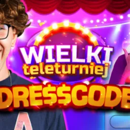 Grafika promująca teleturniej 'Wielki Teleturniej Dresscode' z wesołym młodym mężczyzną w okularach i zaskoczoną młodą kobietą przy czerwonym przycisku.