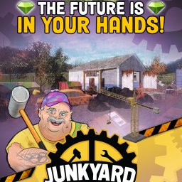 ARTREL SPÓŁKA Z OGRANICZONĄ ODPOWIEDZIALNOŚCIĄ - Kreskówkowa grafika przedstawiająca mężczyznę z młotem na tle złomowiska z napisem 'Junkyard Builder', stos banknotów i hasłem 'The future is in your hands!'.