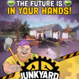 Kresk&oacute;wkowa grafika przedstawiająca mężczyznę z młotem na tle złomowiska z napisem 'Junkyard Builder', stos banknot&oacute;w i hasłem 'The future is in your hands!'.