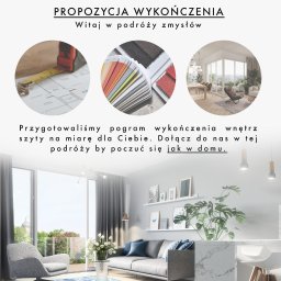 ARTREL SPÓŁKA Z OGRANICZONĄ ODPOWIEDZIALNOŚCIĄ - Grafika reklamowa prezentująca propozycję wykończenia wnętrz z wizualizacją salonu, paletą kolorów i planami architektonicznymi.