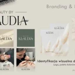 Kolaż prezentujący identyfikację wizualną marki Beauty by Klaudia, w tym logo z motywem rzęs, paletę kolorów w odcieniach beżu i zieleni, oraz przykłady postów w mediach społecznościowych, w tym...