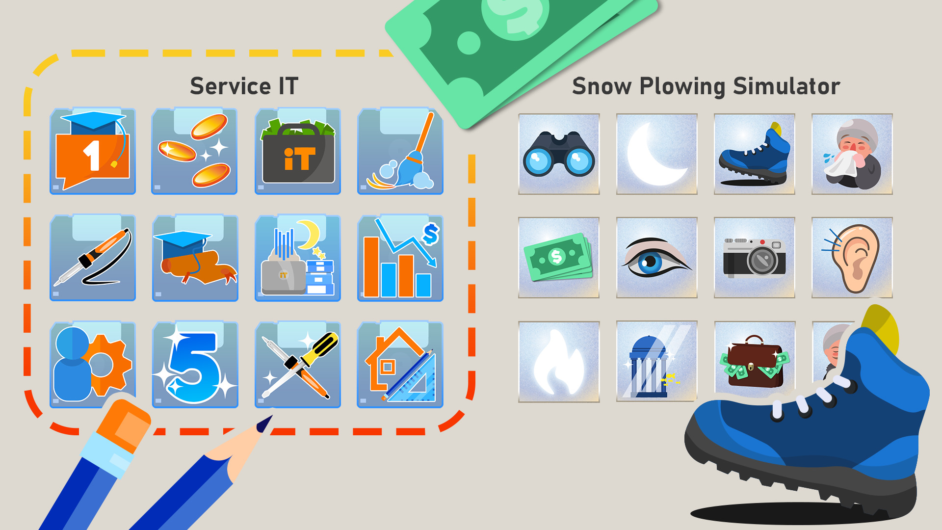 Ilustracja porównująca ikonografię usług IT i symulatora odśnieżania, z elementami graficznymi narzędzi i procesów.