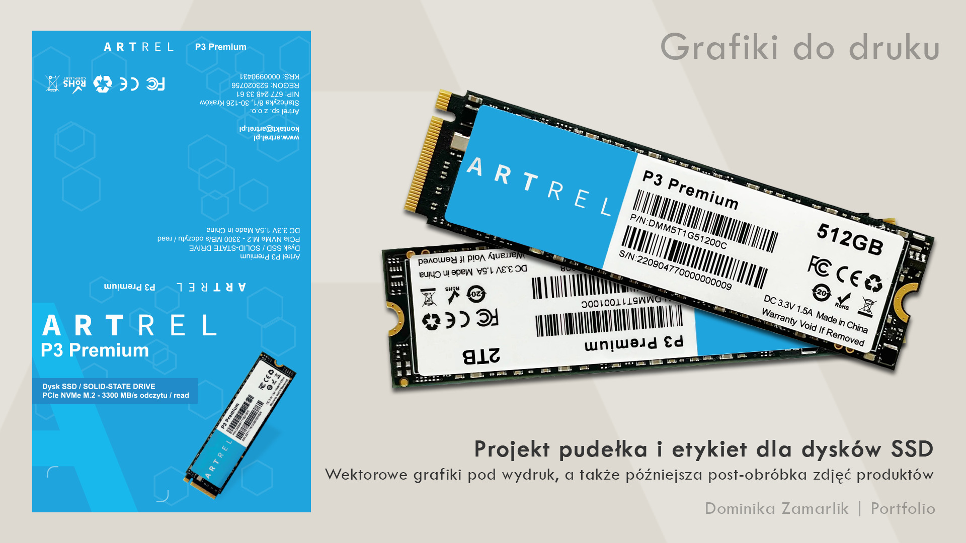 Dwa dyski SSD marki Artrel P3 Premium o pojemności 2TB i 512GB, ułożone na jasnym tle z dodatkowymi grafikami do druku pudełek i etykiet, prezentowane z bliska, ukazujące szczegóły etykiet...