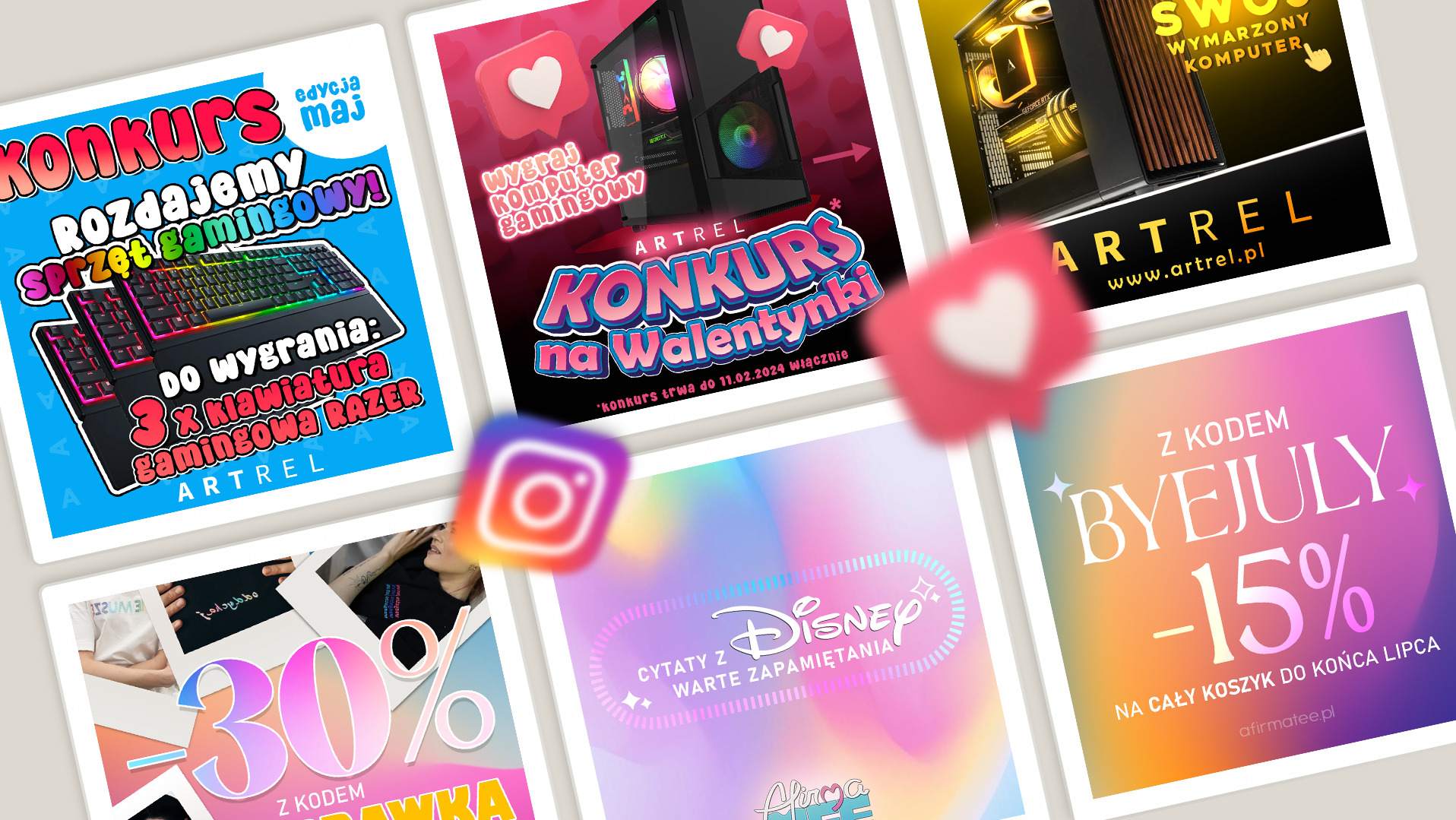 Kompozycja grafik promocyjnych z konkursami i ofertami specjalnymi marki ARTREL, prezentująca klawiaturę gamingową Razer, komputer gamingowy, oraz rabaty z kodami BYEJULY i 30% z kodem, a także...